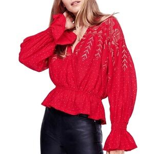 Free People Counting Stars Puff Sleeves Ruffle Hem Boho Peasant Top Size S